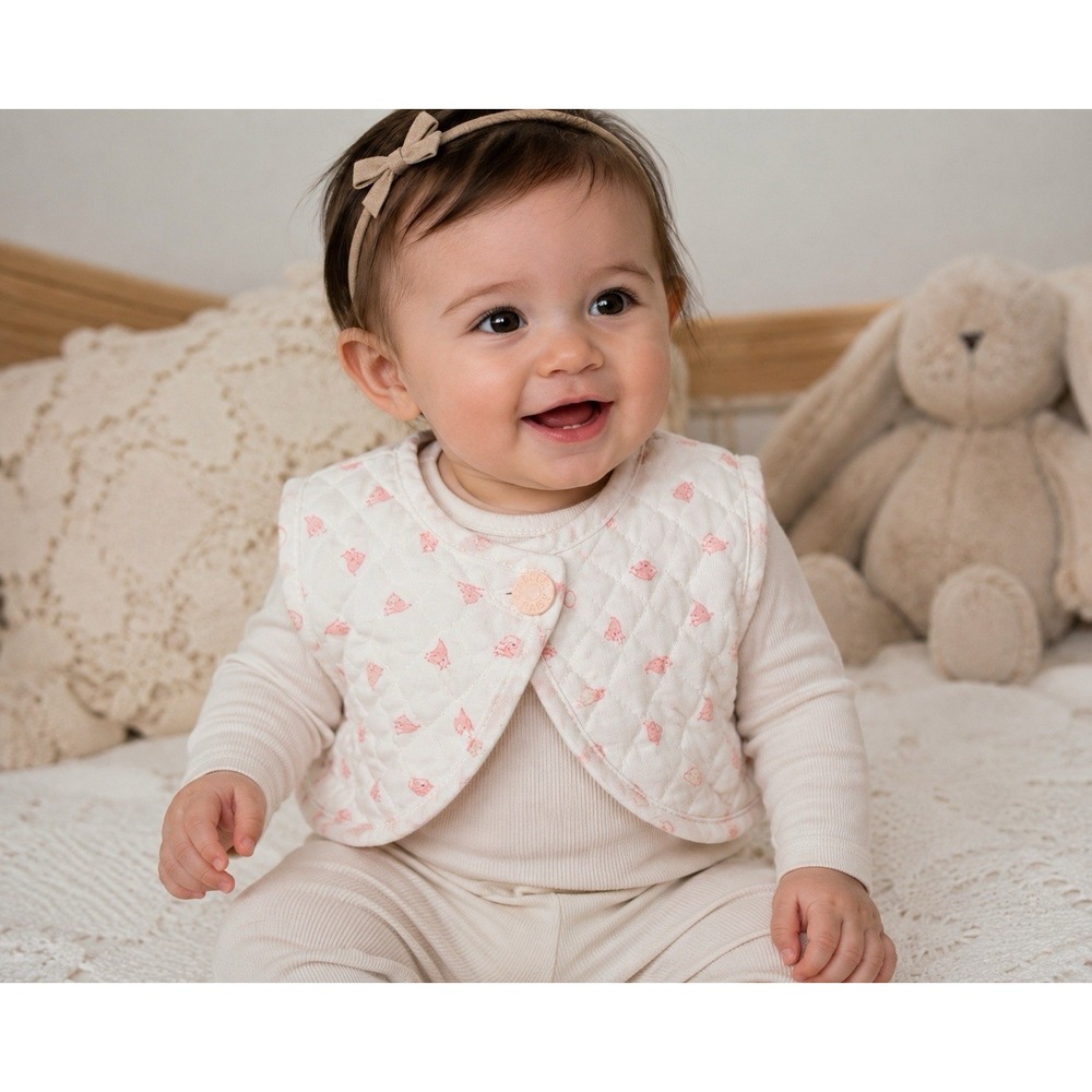 Vintage Carter's Quilted Baby Vest Pink Bird Print Layette Size Snap Front